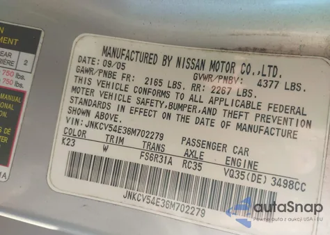 2006 Infiniti G35 из США, поврежденный, VIN JNKCV54E36M702279